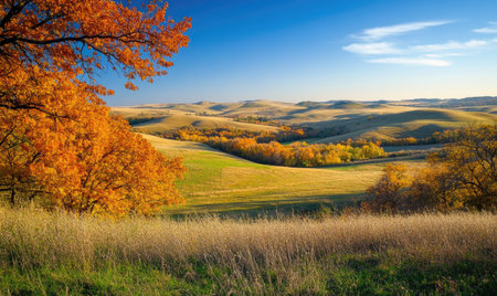 Tranquil fall landscape, open field, colorful treesの素材