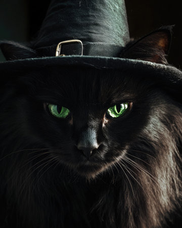 A large black cat with glowing green eyes, wearing a witch's hatの素材