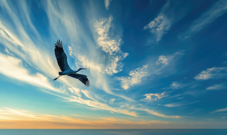 A lone stork gliding peacefully, sunlight streaming through the cloudsの素材