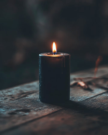 A single black candle burning in a gothic-style holderの素材