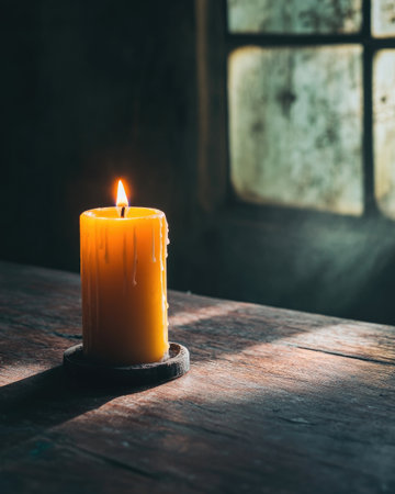 A simple beeswax candle burning gently, placed on a rough wooden tableの素材