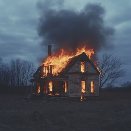 A rural home on fire, flames rising high into the airの素材