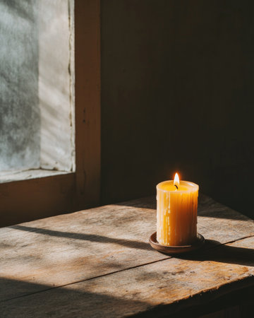 A simple beeswax candle burning gently, placed on a rough wooden tableの素材