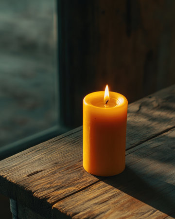 A simple beeswax candle burning gently, placed on a rough wooden tableの素材