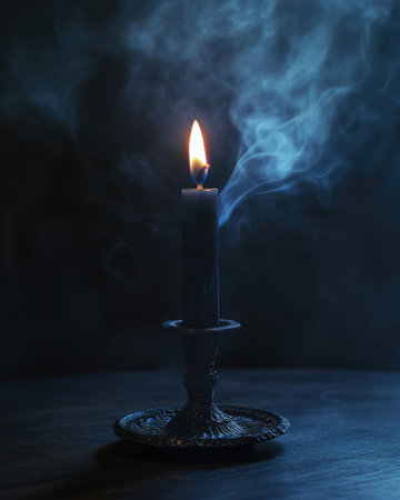 A single black candle burning in a gothic-style holderの素材
