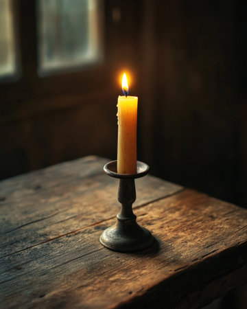 A rustic candle in a metal holder, burning on a weathered wooden tableの素材
