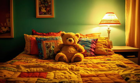 Fluffy bear surrounded by pillows, colorful bedspreadの素材