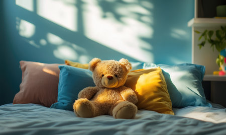 Fluffy teddy bear on cozy bed, rainbow pillowsの素材