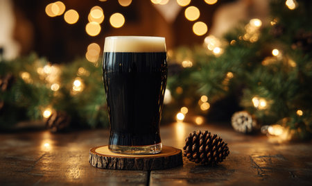 Pint of dark beer on wooden coaster, encircled by warm fairy lightsの素材