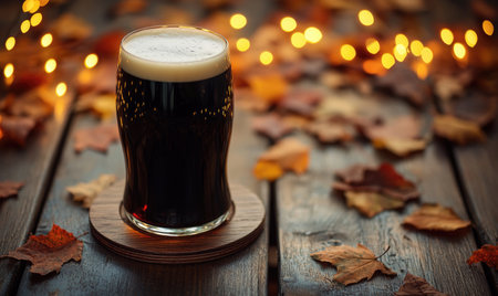 Pint of dark beer on wooden coaster, surrounded by warm fairy lights, autumn leaves scatteredの素材