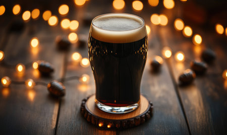 Pint of dark beer on wooden coaster, encircled by warm fairy lightsの素材