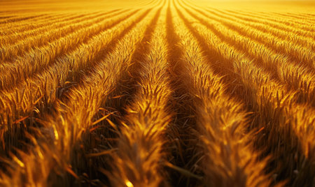 Closeup view on wheat field, golden stalksの素材