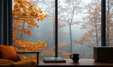 Minimalist living room, glass window with view on misty autumn day outsideの素材