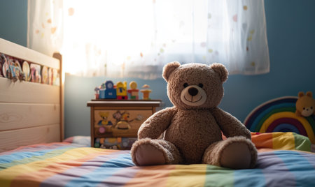 Teddy bear sitting on bed, colorful pillowsの素材