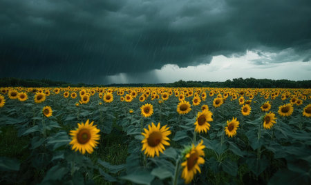 Sunflower field under cloudy skyの素材