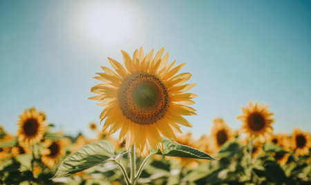 Vast sunflower field under a clear blue skyの素材