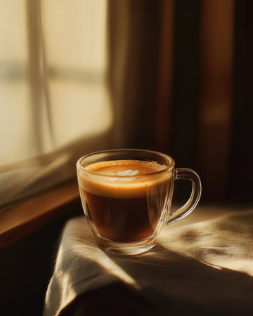 A glass cup of coffee, rich brown liquid with subtle foamの素材