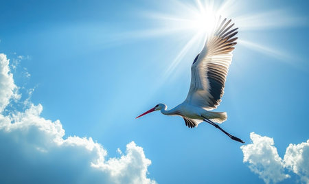 A lone stork gliding peacefully, sunlight streaming through the cloudsの素材