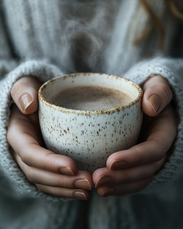 Close-up of hands cradling a hot tea cupの素材