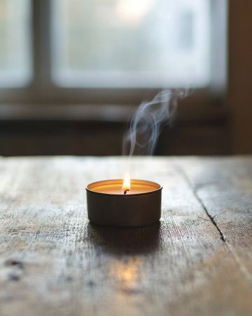 A small tealight candle burning brightly, resting in a simple holder on a wooden tableの素材