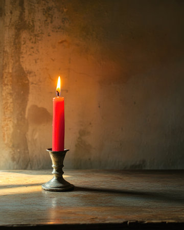 A single red candle burning slowlyの素材