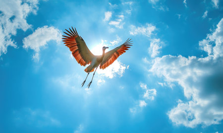 A stork flying gracefully, soft light shining on its wingsの素材
