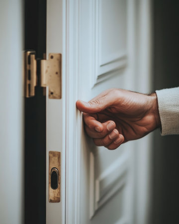Close-up of male hands opening a doorの素材