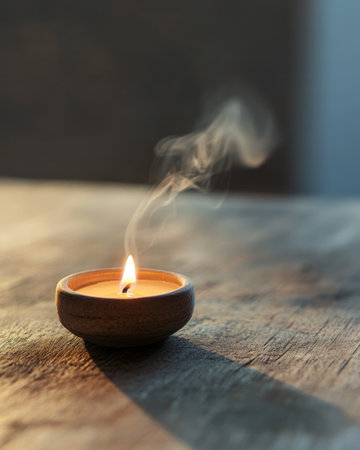A small tealight candle burning brightly, resting in a simple holder on a wooden tableの素材