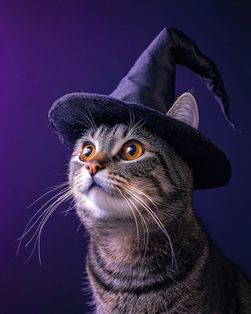 A tabby cat with a curious expression, wearing a tilted witch hatの素材