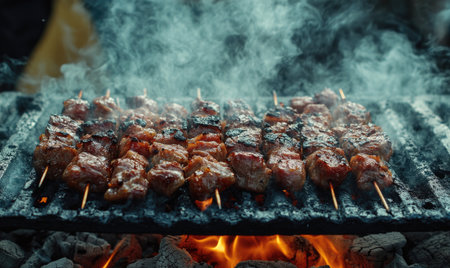 Close-up of juicy, caramelized shashlik sizzling over hot coalsの素材