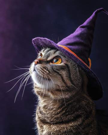 A tabby cat with a curious expression, wearing a tilted witch hatの素材