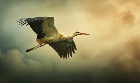 A stork flying gracefully, soft light shining on its wingsの素材