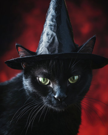 A sleek black cat with sharp green eyes, wearing a tall pointed witch's hatの素材