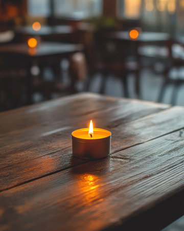 A small tealight candle burning brightly, placed on a rustic wooden tableの素材