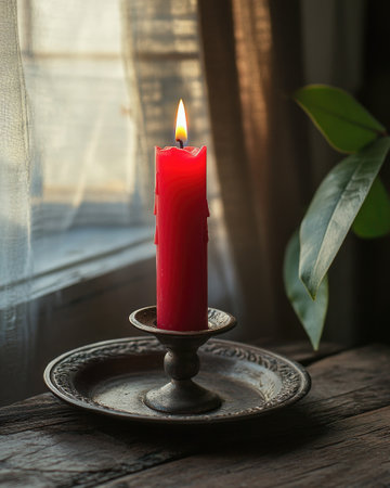 A single red candle burning slowlyの素材
