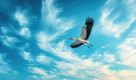 A stork flying gracefully, soft light shining on its wingsの素材