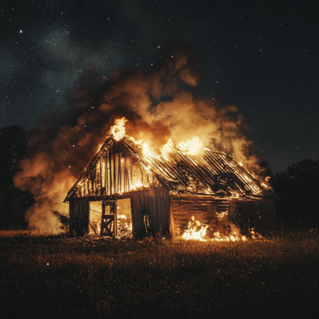 A small barn consumed by flames, the roof collapsing inwardの素材