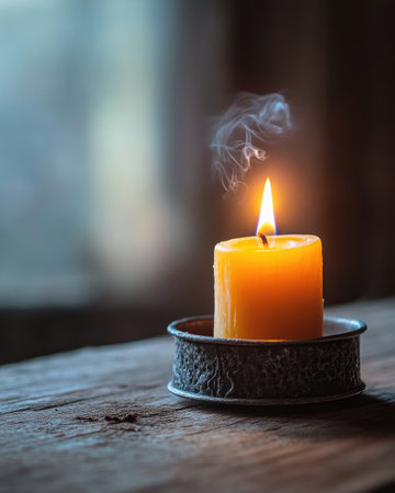 A small beeswax candle burning brightly, placed in a metal holder on a wooden tableの素材