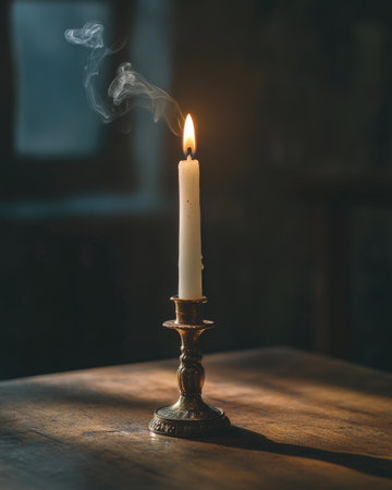 A single white candle burning softly, placed in an antique brass holderの素材