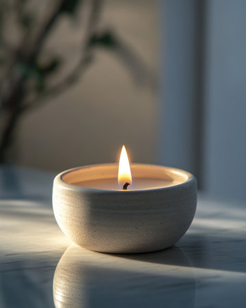 A white candle burning softly, sitting in a ceramic holder on a polished marble tableの素材
