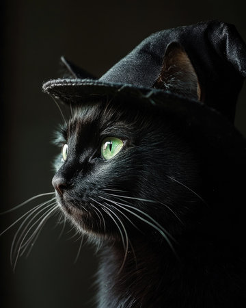 A sleek black cat with glowing green eyes, wearing a slightly tattered witch's hatの素材