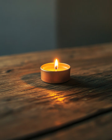 A small tealight candle burning brightly, placed on a rustic wooden tableの素材