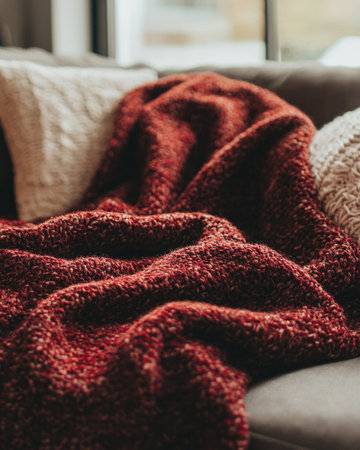 Chunky, textured blanket, autumn hues of deep red and brownの素材