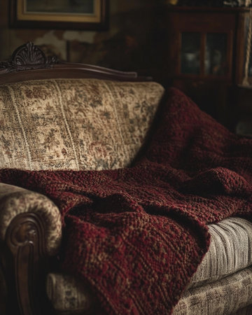 Chunky, textured blanket, autumn hues of deep red and brownの素材