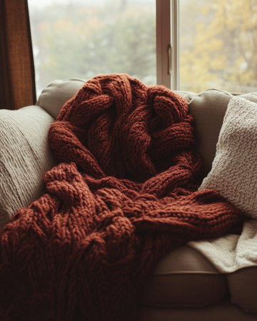 Chunky, textured blanket, autumn hues of deep red and brownの素材