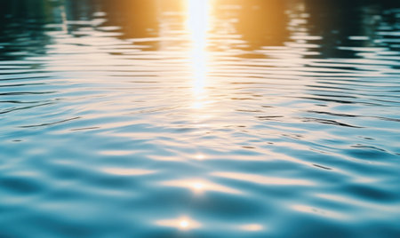 Close-up of ripples on a calm lake, sunlight glistening on the surfaceの素材
