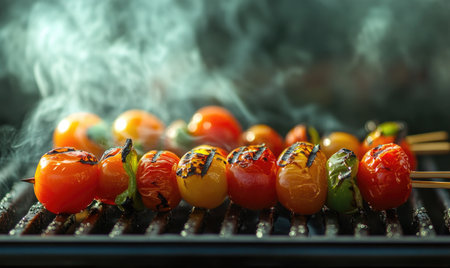 Close-up of skewered cherry tomatoes and peppers charring on a hot grillの素材