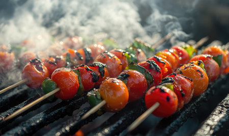 Close-up of skewered cherry tomatoes and peppers charring on a hot grillの素材