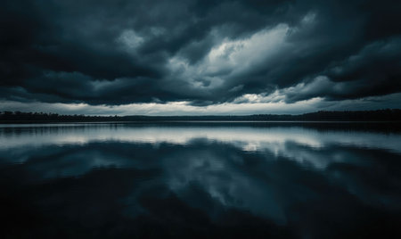 Dark and brooding clouds gathering over a quiet lakeの素材