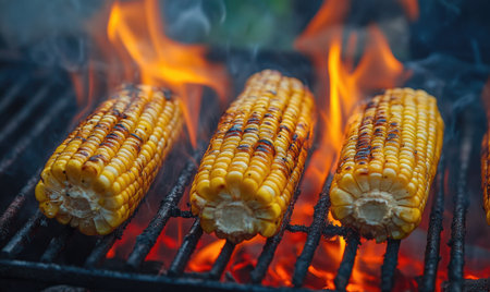 Corn on the cob grilling over red-hot coals, kernels browning and caramelizing, flames flickering beneathの素材